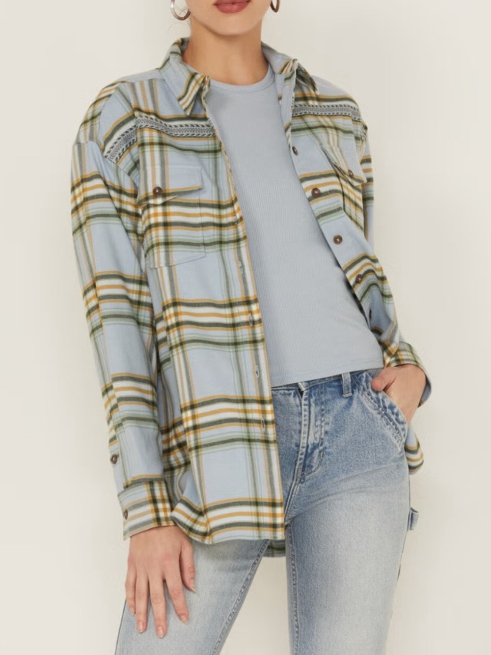 Cleo + Wolf Blue and Gold Plaid Button-Up